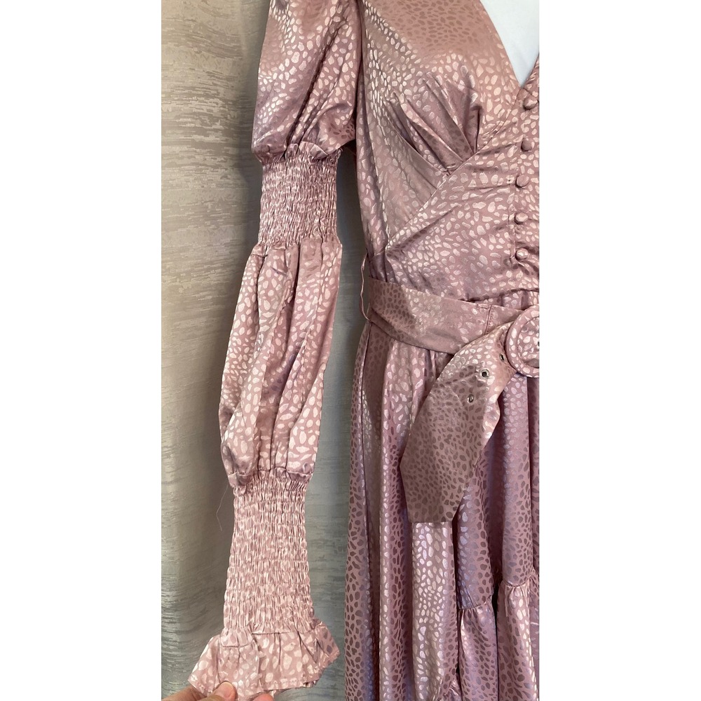 Rosevelvet Pink Satin Leopard Print Midi Dress Size S Puff Sleeve Belted - Picture 9 of 13